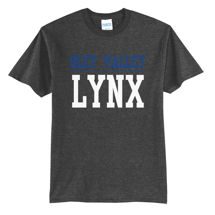 Oley Valley Lynx Split Block t-shirt in Dark Heather Grey: OLEY VALLEY over a thin rule and big LYNX block letters