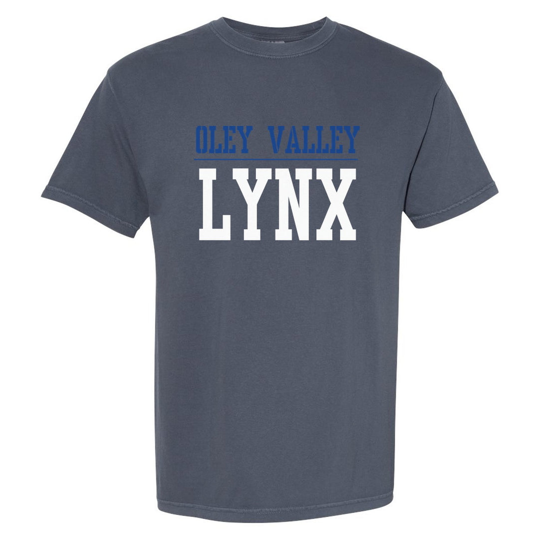 Oley Valley Lynx Split Block comfort colors t-shirt in Denim: OLEY VALLEY over a thin rule and big LYNX block letters