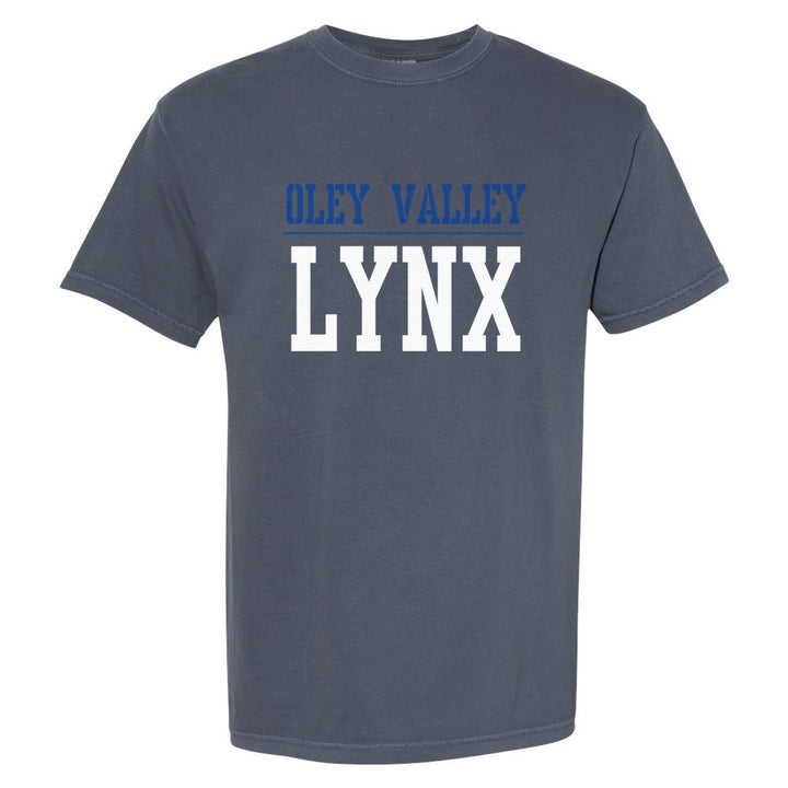 Oley Valley Lynx Split Block comfort colors t-shirt in Denim: OLEY VALLEY over a thin rule and big LYNX block letters
