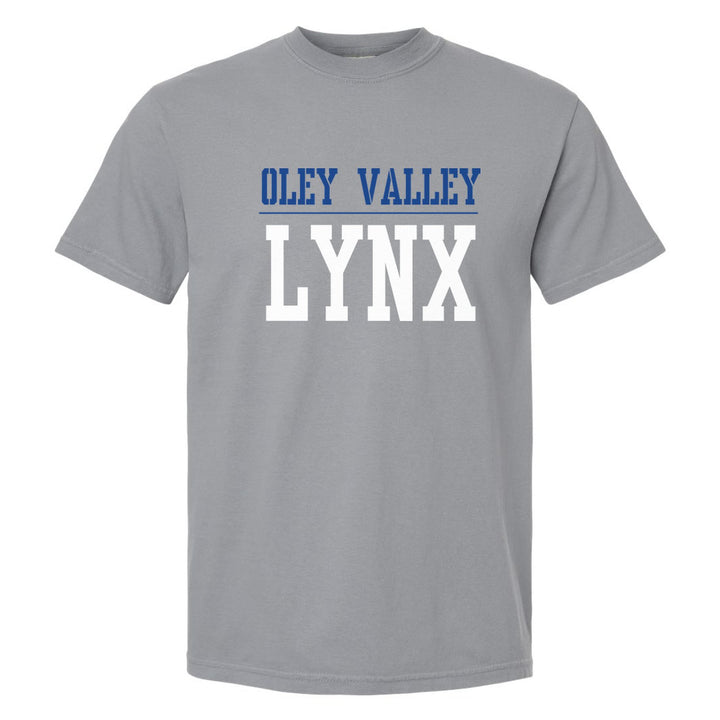 Oley Valley Lynx Split Block comfort colors t-shirt in Granite: OLEY VALLEY over a thin rule and big LYNX block letters