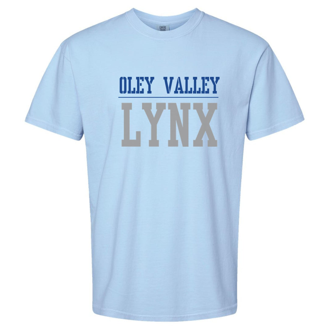 Oley Valley Lynx Split Block comfort colors t-shirt in Hydrangea: OLEY VALLEY over a thin rule and big LYNX block letters