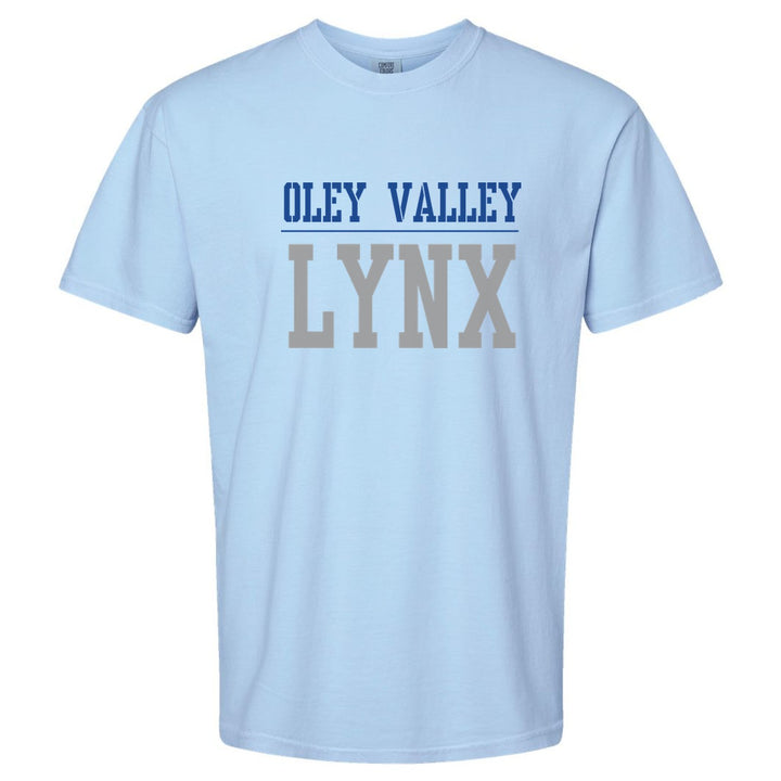 Oley Valley Lynx Split Block comfort colors t-shirt in Hydrangea: OLEY VALLEY over a thin rule and big LYNX block letters