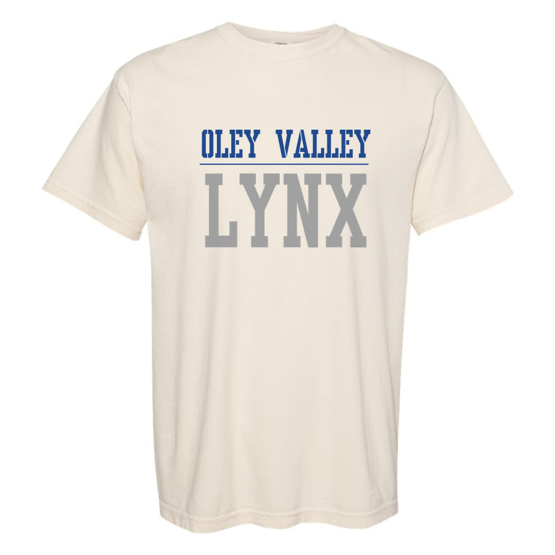 Oley Valley Lynx Split Block comfort colors t-shirt in Ivory: OLEY VALLEY over a thin rule and big LYNX block letters