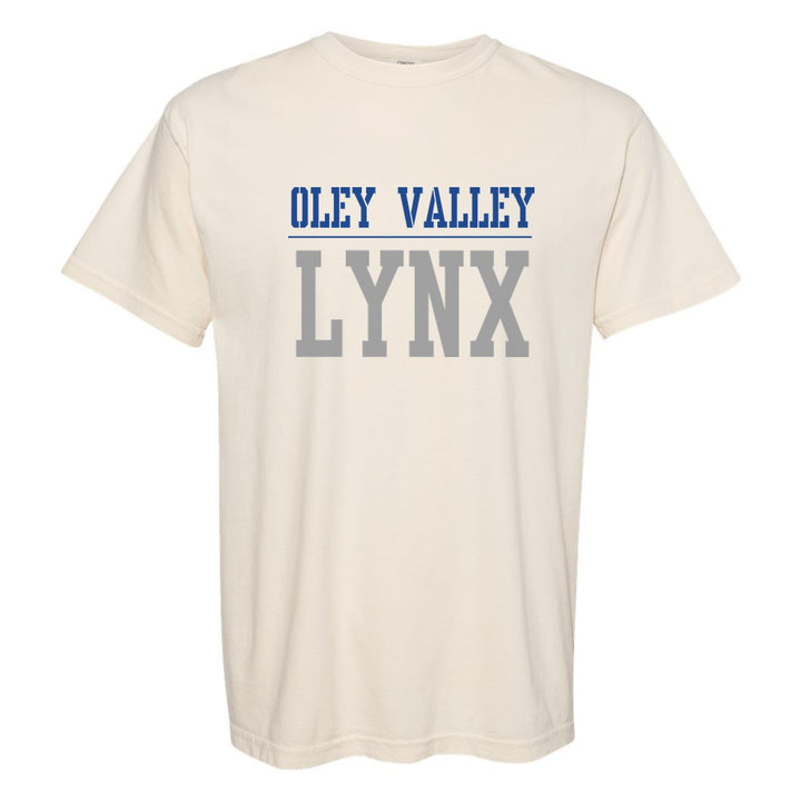 Oley Valley Lynx Split Block comfort colors t-shirt in Ivory: OLEY VALLEY over a thin rule and big LYNX block letters