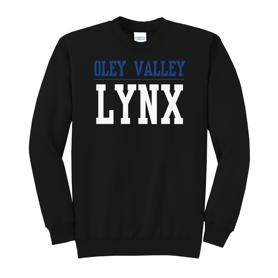 Oley Valley Lynx Split Block crewneck sweatshirt in Jet Black: OLEY VALLEY over a thin rule and big LYNX block letters
