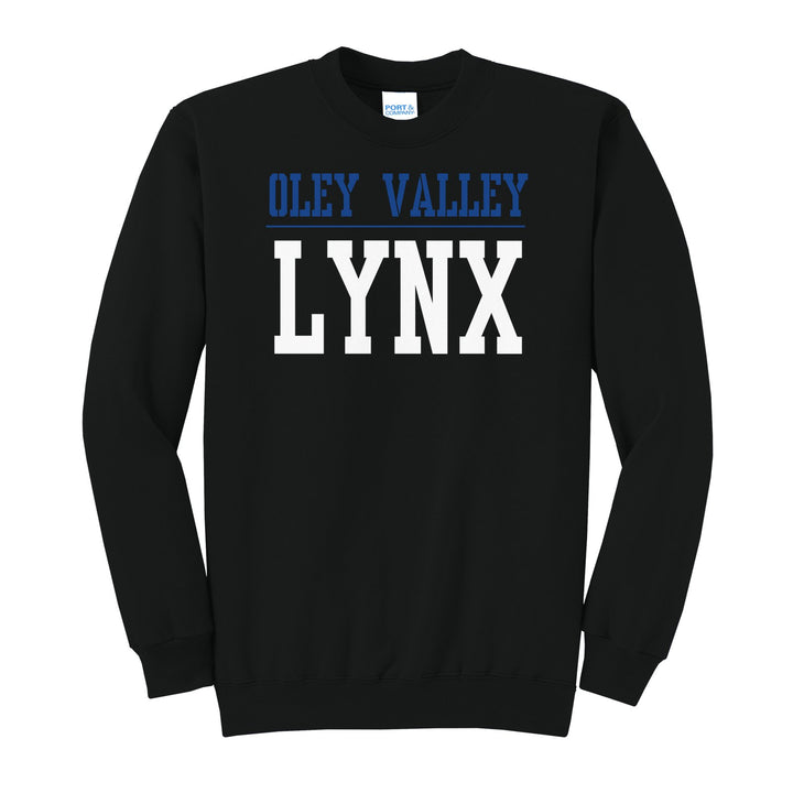 Oley Valley Lynx Split Block crewneck sweatshirt in Jet Black: OLEY VALLEY over a thin rule and big LYNX block letters