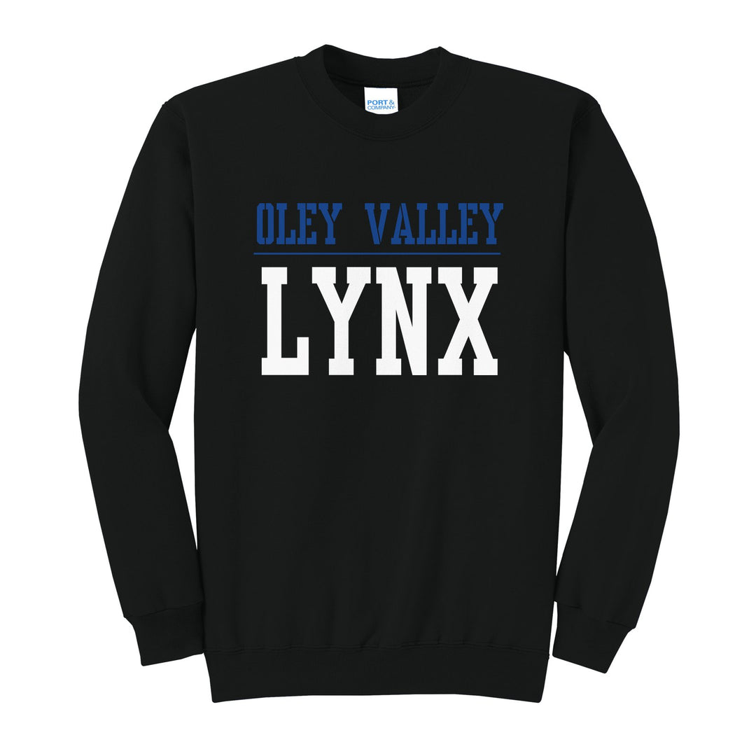 Oley Valley Lynx Split Block crewneck sweatshirt in Jet Black: OLEY VALLEY over a thin rule and big LYNX block letters