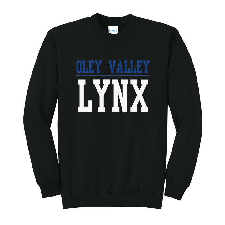 Oley Valley Lynx Split Block crewneck sweatshirt in Jet Black: OLEY VALLEY over a thin rule and big LYNX block letters