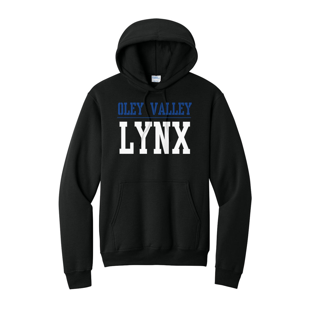 Oley Valley Lynx Split Block hoodie in Jet Black: OLEY VALLEY over a thin rule and big LYNX block letters
