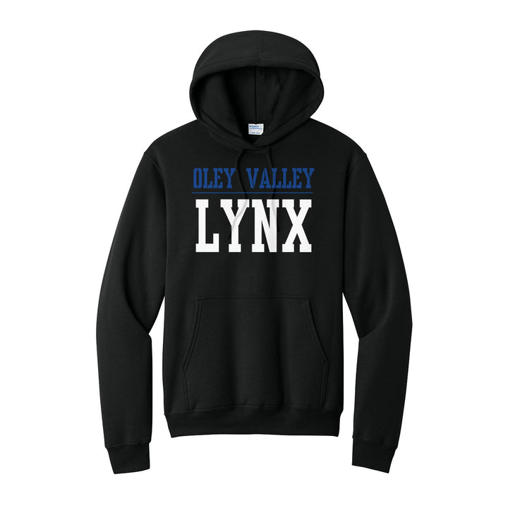 Oley Valley Lynx Split Block hoodie in Jet Black: OLEY VALLEY over a thin rule and big LYNX block letters