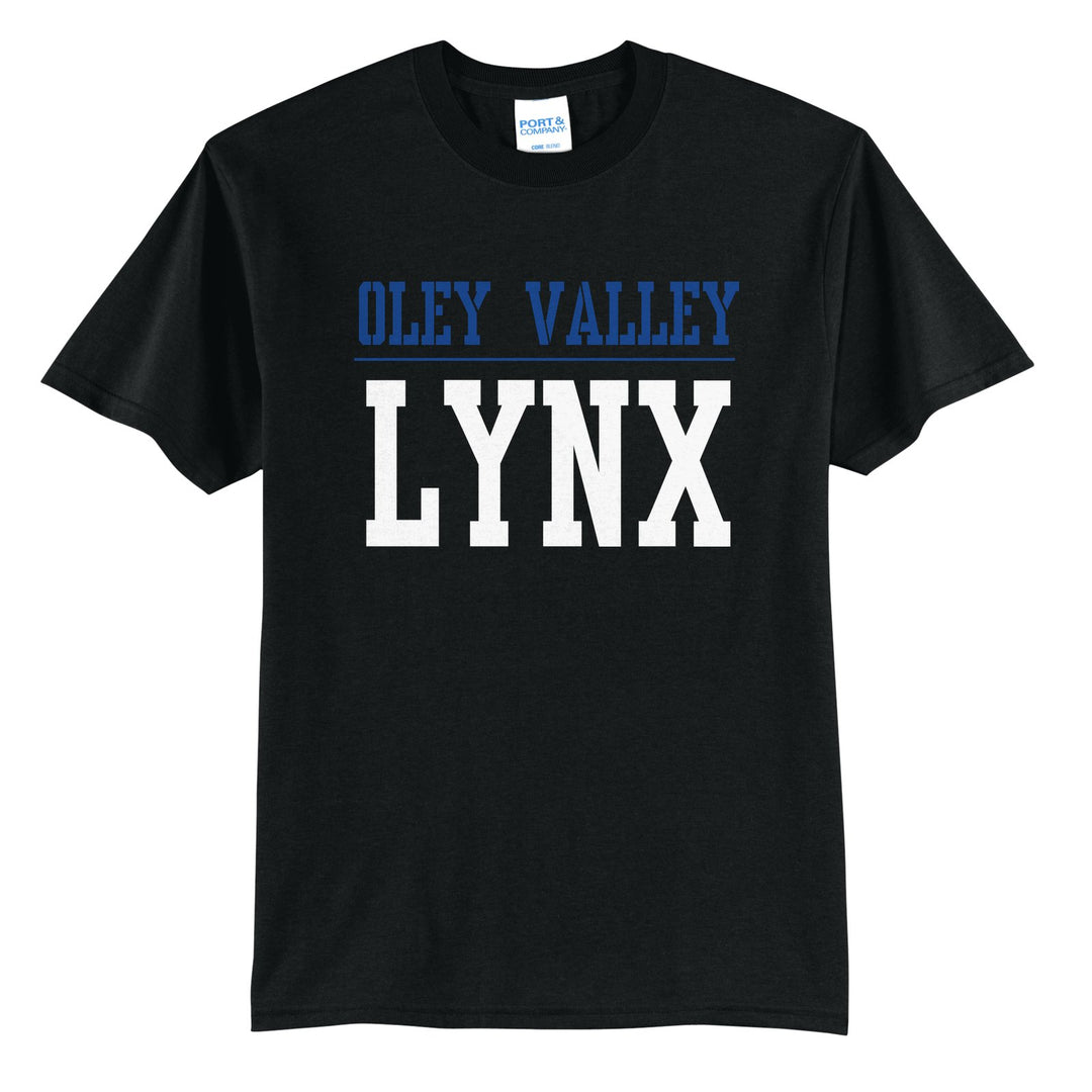 Oley Valley Lynx Split Block t-shirt in Jet Black: OLEY VALLEY over a thin rule and big LYNX block letters