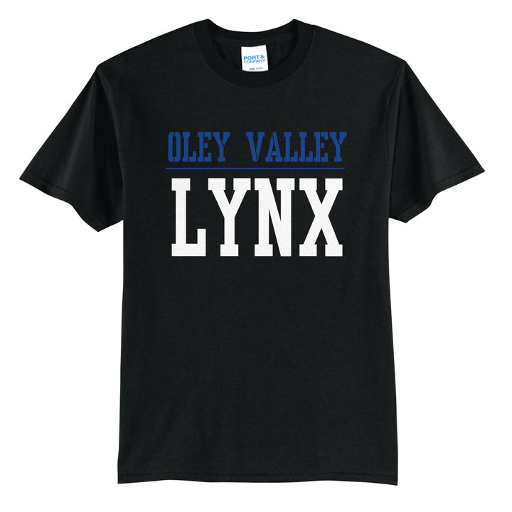 Oley Valley Lynx Split Block t-shirt in Jet Black: OLEY VALLEY over a thin rule and big LYNX block letters