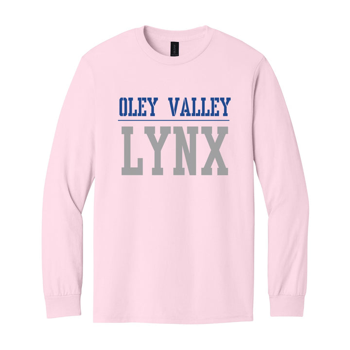 Oley Valley Lynx Split Block long sleeve t-shirt in Light Pink: OLEY VALLEY over a thin rule and big LYNX block letters