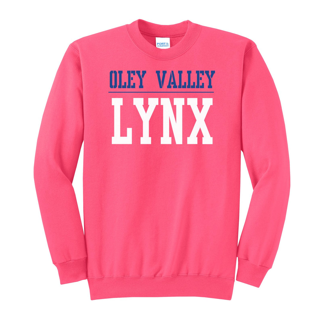 Oley Valley Lynx Split Block crewneck sweatshirt in Neon Pink: OLEY VALLEY over a thin rule and big LYNX block letters