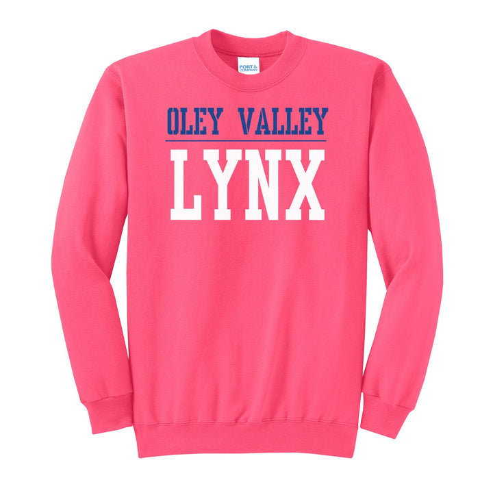 Oley Valley Lynx Split Block crewneck sweatshirt in Neon Pink: OLEY VALLEY over a thin rule and big LYNX block letters