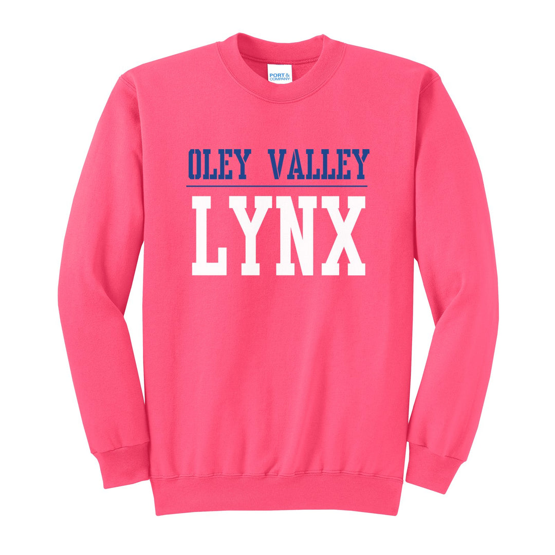 Oley Valley Lynx Split Block crewneck sweatshirt in Neon Pink: OLEY VALLEY over a thin rule and big LYNX block letters