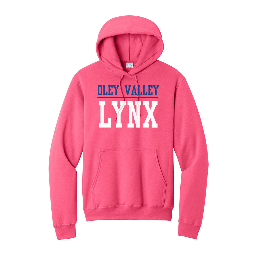 Oley Valley Lynx Split Block hoodie in Neon Pink: OLEY VALLEY over a thin rule and big LYNX block letters