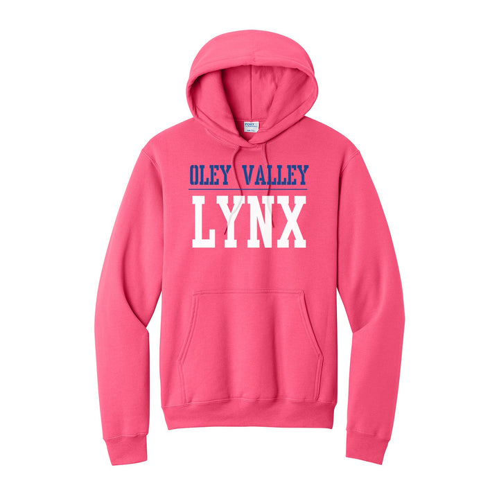 Oley Valley Lynx Split Block hoodie in Neon Pink: OLEY VALLEY over a thin rule and big LYNX block letters