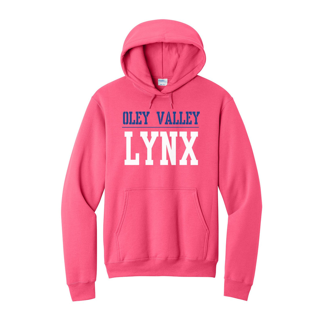 Oley Valley Lynx Split Block hoodie in Neon Pink: OLEY VALLEY over a thin rule and big LYNX block letters