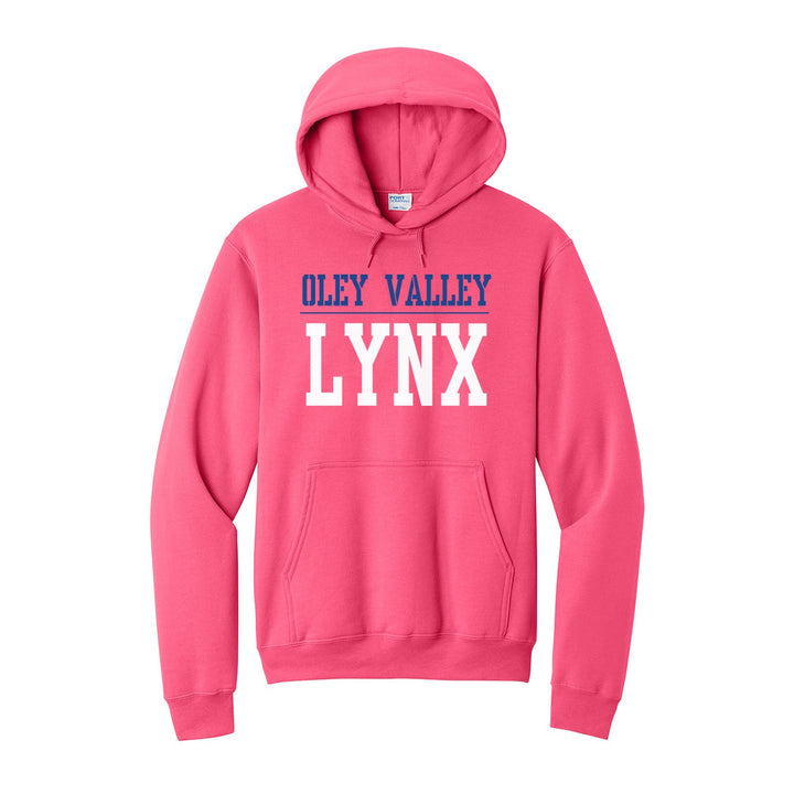 Oley Valley Lynx Split Block hoodie in Neon Pink: OLEY VALLEY over a thin rule and big LYNX block letters