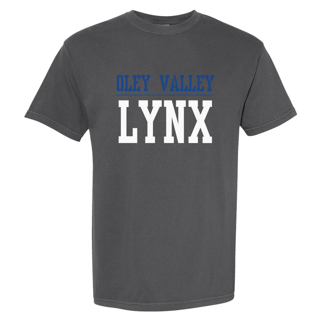 Oley Valley Lynx Split Block comfort colors t-shirt in Pepper: OLEY VALLEY over a thin rule and big LYNX block letters