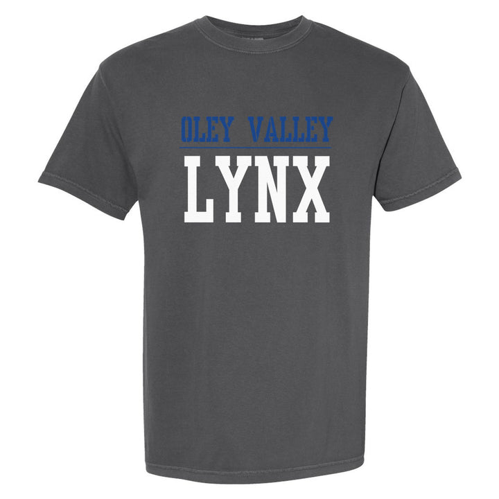 Oley Valley Lynx Split Block comfort colors t-shirt in Pepper: OLEY VALLEY over a thin rule and big LYNX block letters