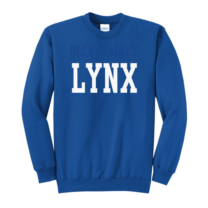 Oley Valley Lynx Split Block crewneck sweatshirt in Royal: OLEY VALLEY over a thin rule and big LYNX block letters