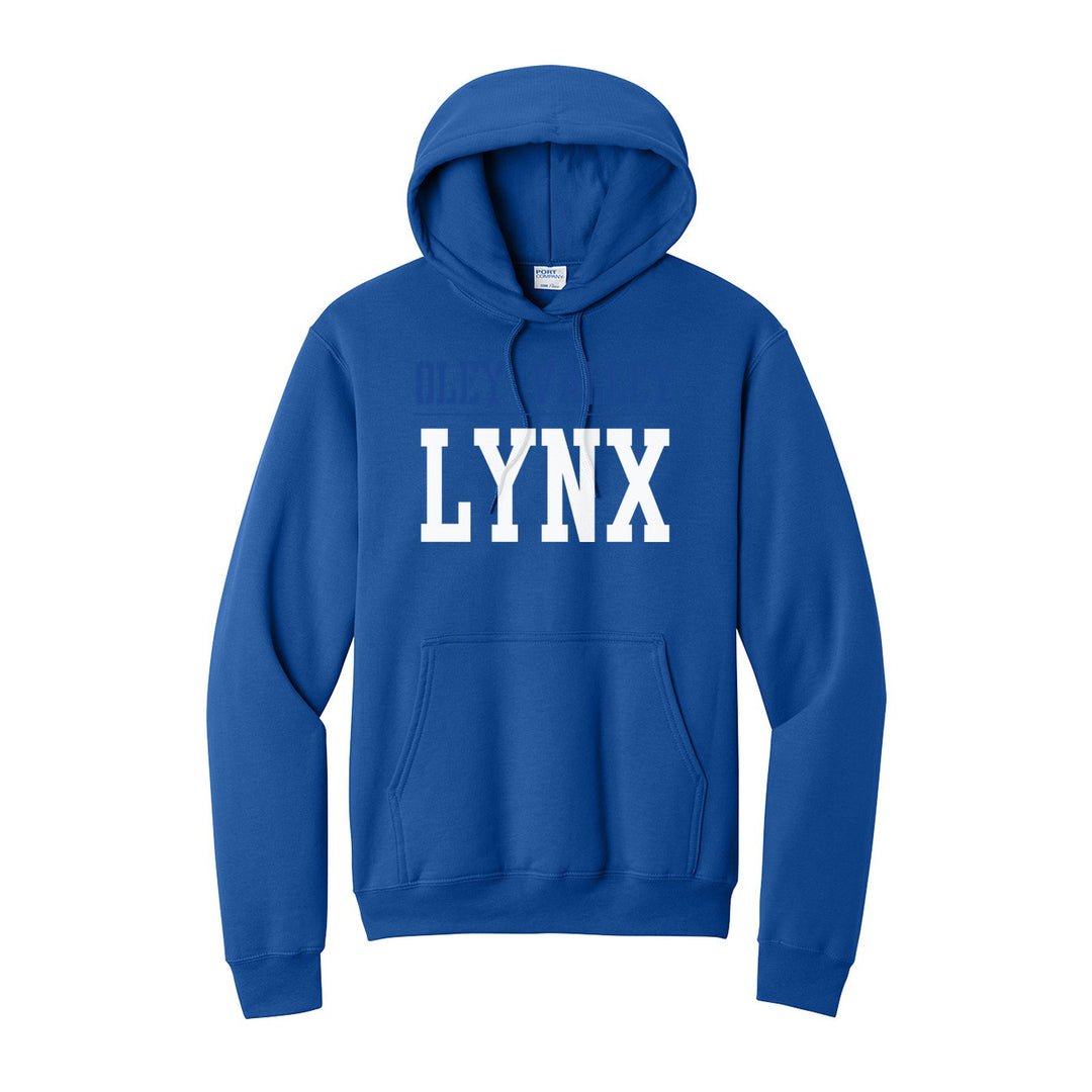 Oley Valley Lynx Split Block hoodie in Royal: OLEY VALLEY over a thin rule and big LYNX block letters