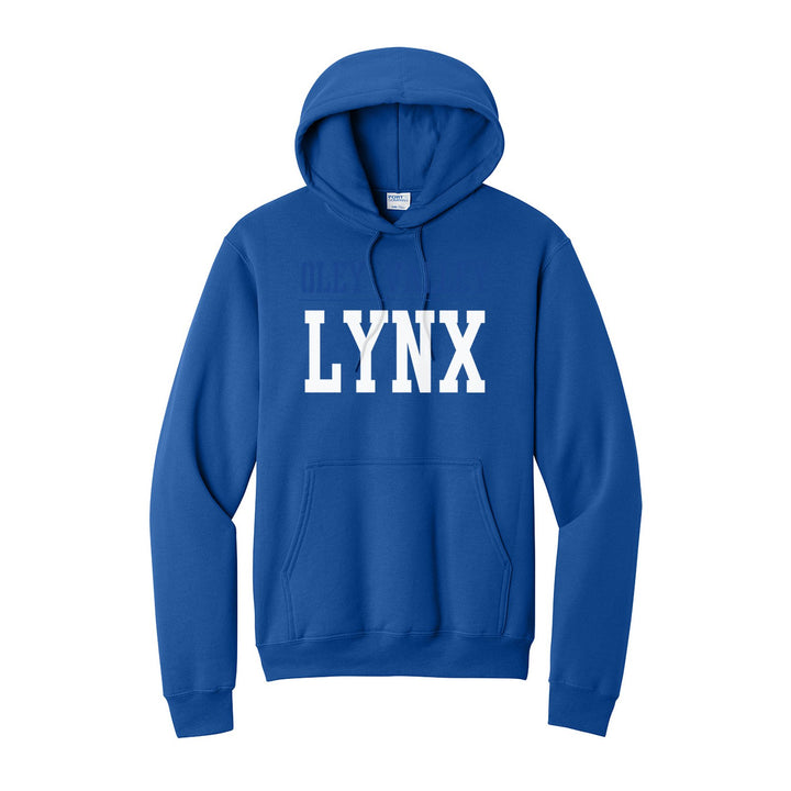 Oley Valley Lynx Split Block hoodie in Royal: OLEY VALLEY over a thin rule and big LYNX block letters