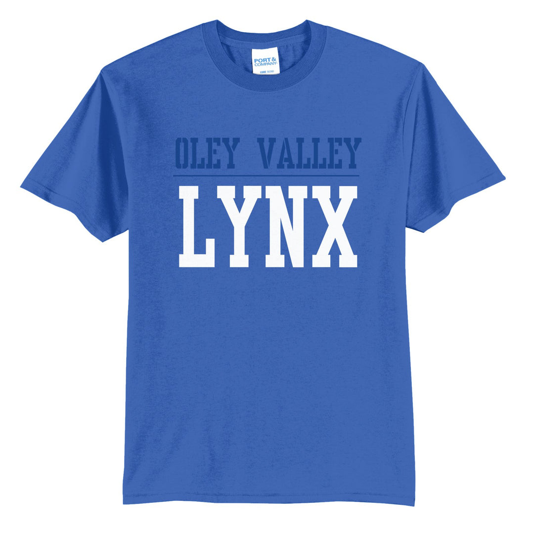Oley Valley Lynx Split Block t-shirt in Royal: OLEY VALLEY over a thin rule and big LYNX block letters