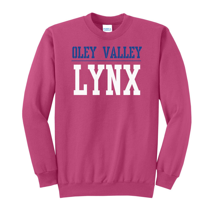 Oley Valley Lynx Split Block crewneck sweatshirt in Sangria: OLEY VALLEY over a thin rule and big LYNX block letters