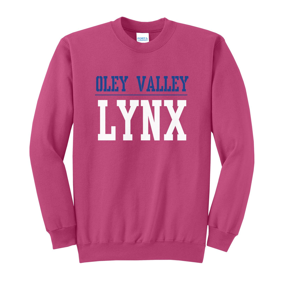 Oley Valley Lynx Split Block crewneck sweatshirt in Sangria: OLEY VALLEY over a thin rule and big LYNX block letters