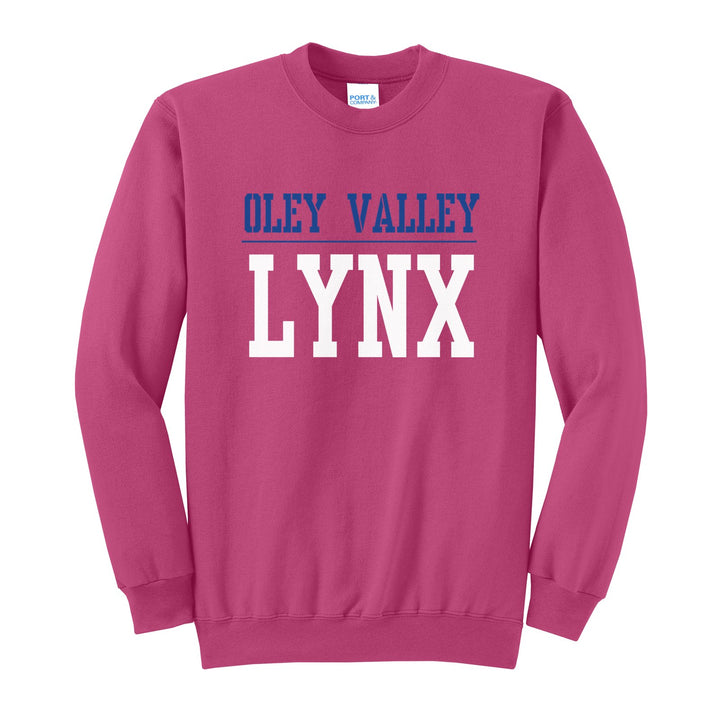 Oley Valley Lynx Split Block crewneck sweatshirt in Sangria: OLEY VALLEY over a thin rule and big LYNX block letters