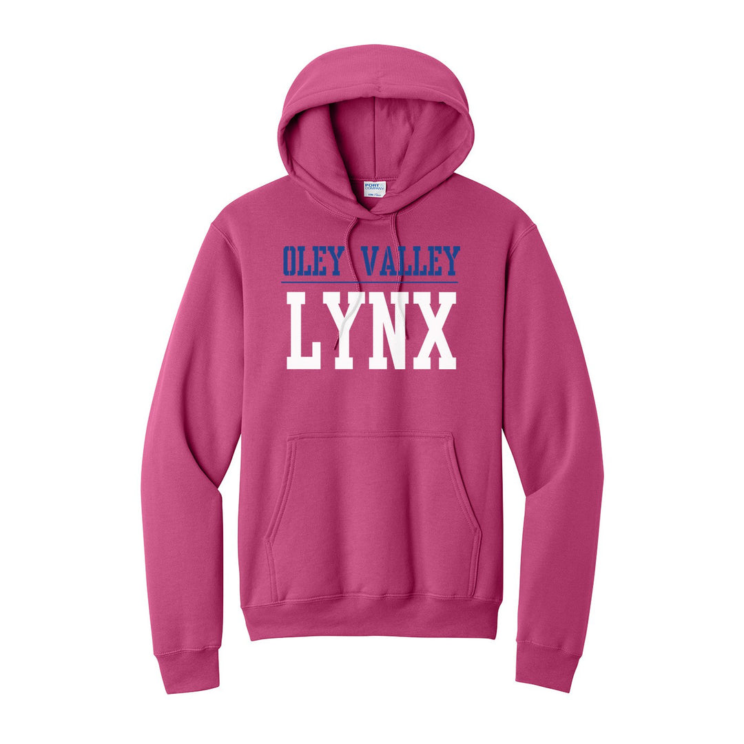 Oley Valley Lynx Split Block hoodie in Sangria: OLEY VALLEY over a thin rule and big LYNX block letters