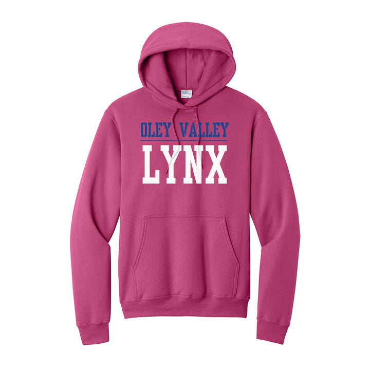 Oley Valley Lynx Split Block hoodie in Sangria: OLEY VALLEY over a thin rule and big LYNX block letters