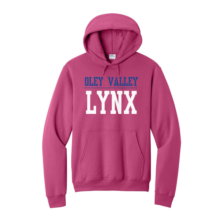 Oley Valley Lynx Split Block hoodie in Sangria: OLEY VALLEY over a thin rule and big LYNX block letters