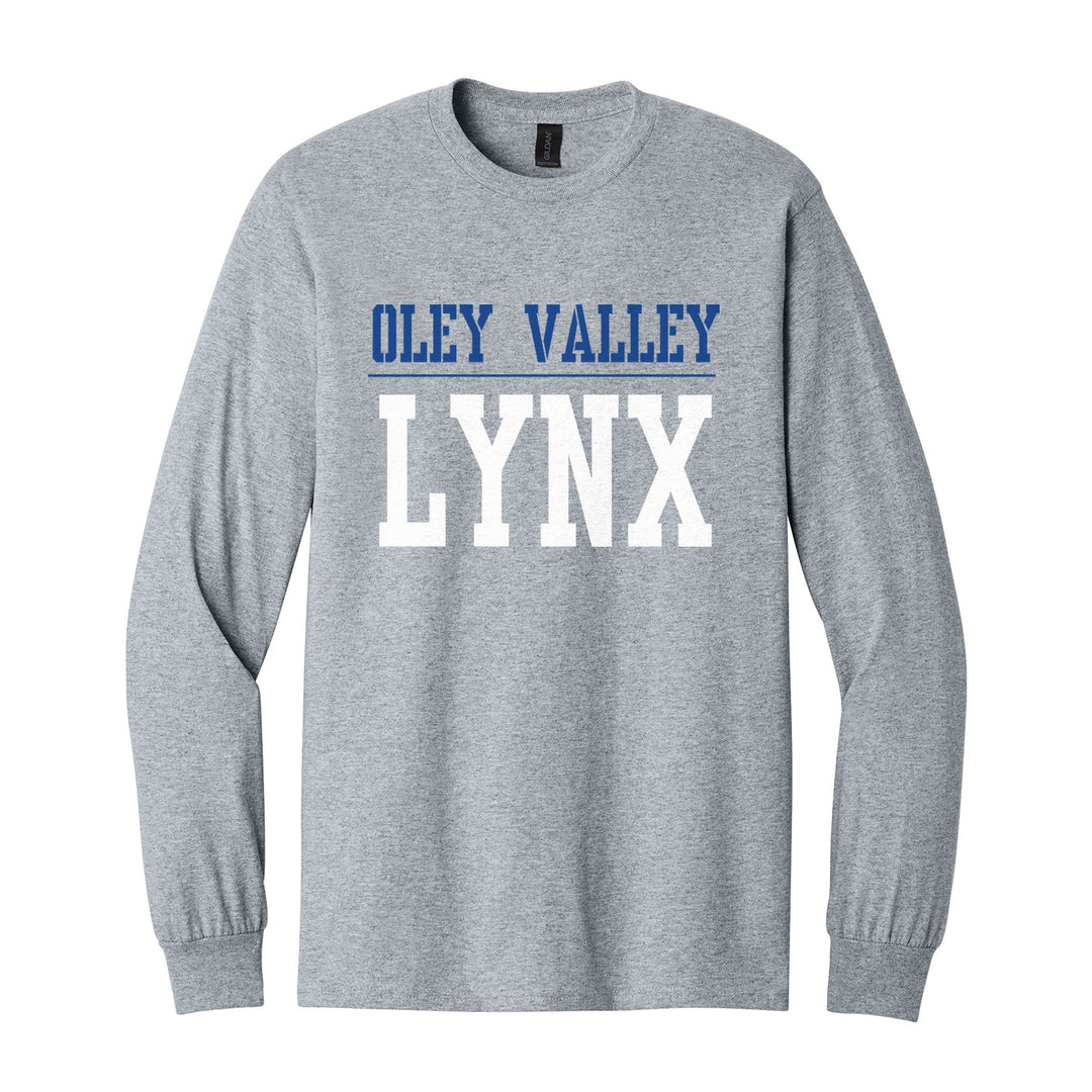 Oley Valley Lynx Split Block long sleeve t-shirt in Sport Grey: OLEY VALLEY over a thin rule and big LYNX block letters