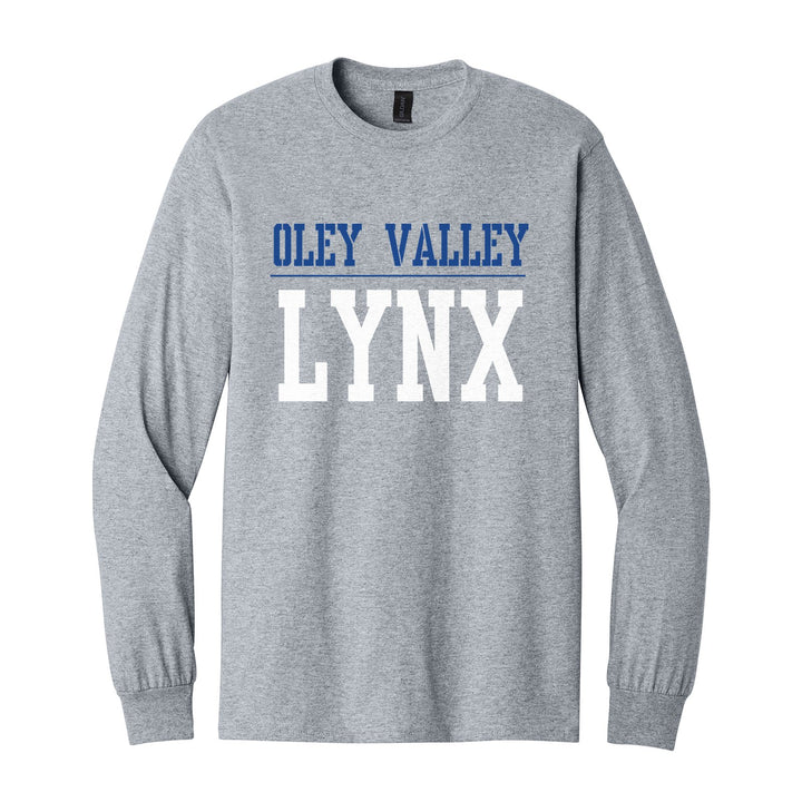 Oley Valley Lynx Split Block long sleeve t-shirt in Sport Grey: OLEY VALLEY over a thin rule and big LYNX block letters