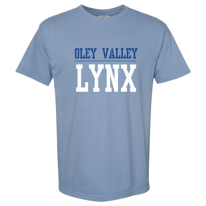 Oley Valley Lynx Split Block comfort colors t-shirt in Washed Denim: OLEY VALLEY over a thin rule and big LYNX block letters