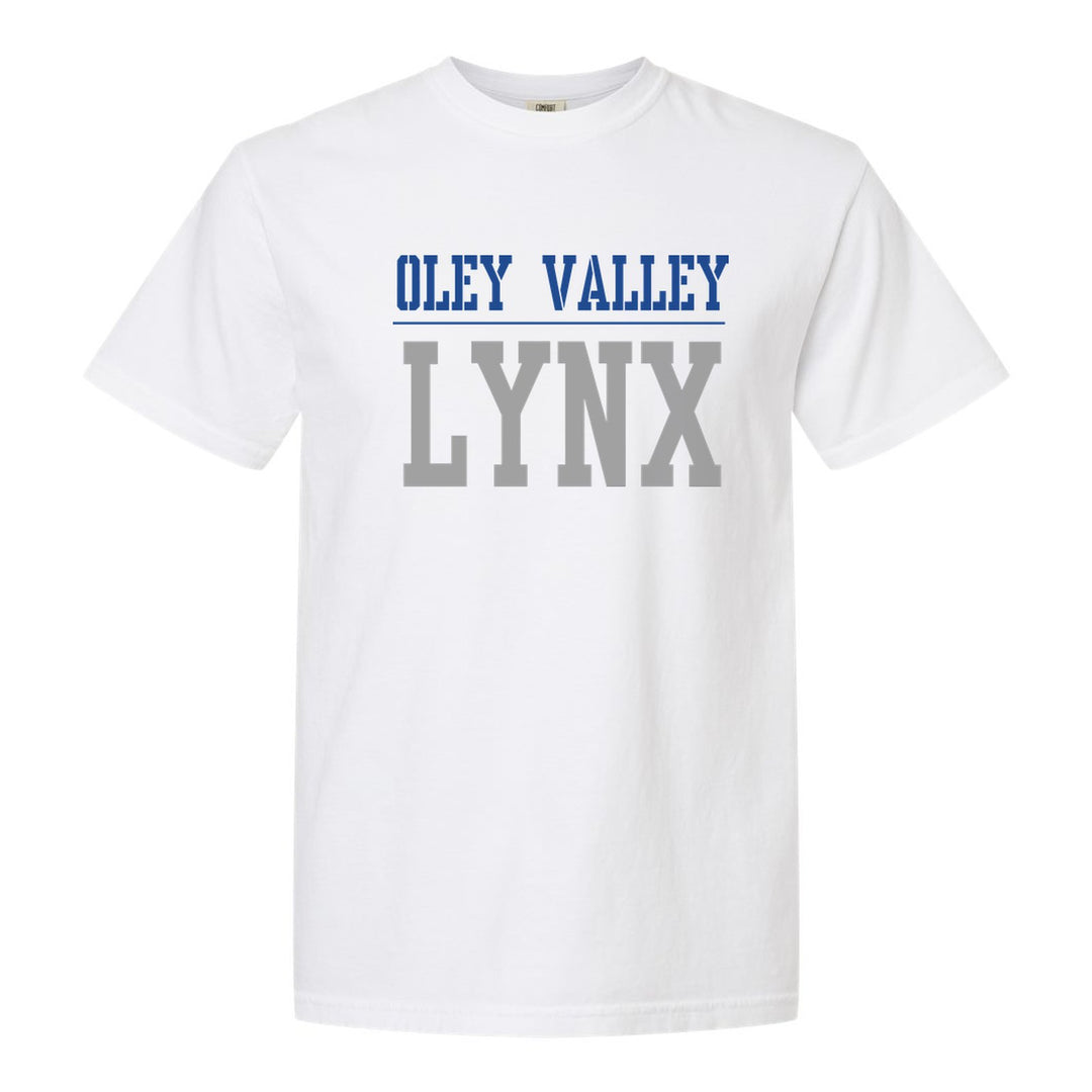 Oley Valley Lynx Split Block comfort colors t-shirt in White: OLEY VALLEY over a thin rule and big LYNX block letters