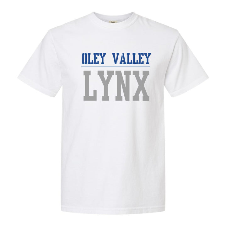 Oley Valley Lynx Split Block comfort colors t-shirt in White: OLEY VALLEY over a thin rule and big LYNX block letters