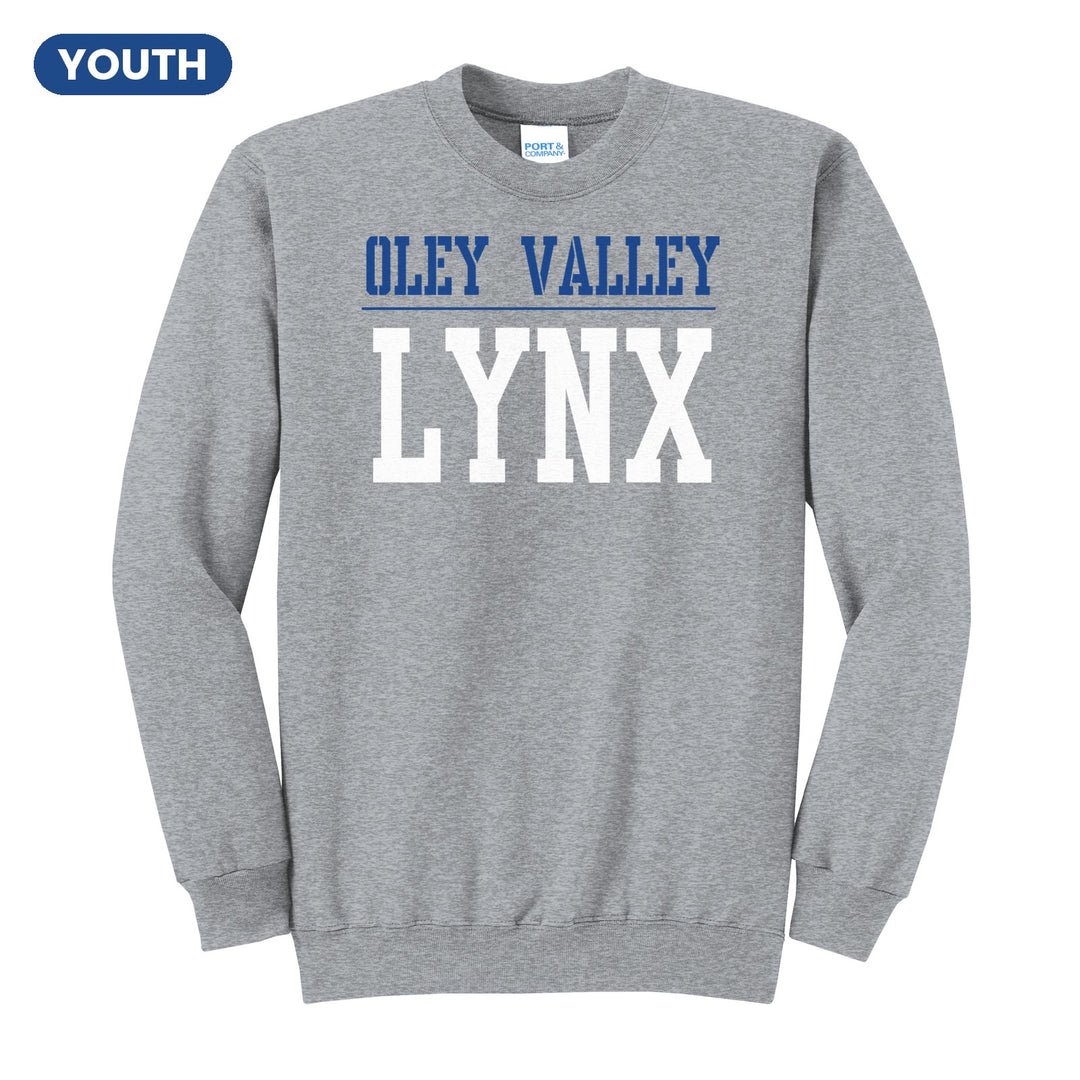 Oley Valley Lynx Split Block youth crewneck sweatshirt in Athletic Heather: OLEY VALLEY over a thin rule and big LYNX block letters