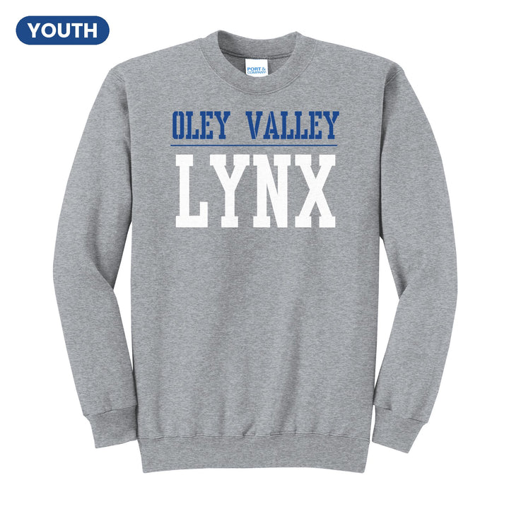 Oley Valley Lynx Split Block youth crewneck sweatshirt in Athletic Heather: OLEY VALLEY over a thin rule and big LYNX block letters