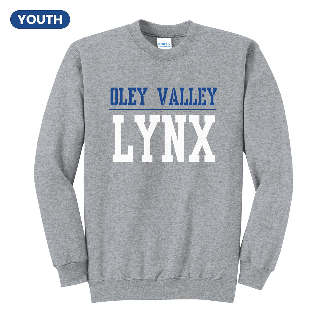 Oley Valley Lynx Split Block youth crewneck sweatshirt in Athletic Heather: OLEY VALLEY over a thin rule and big LYNX block letters