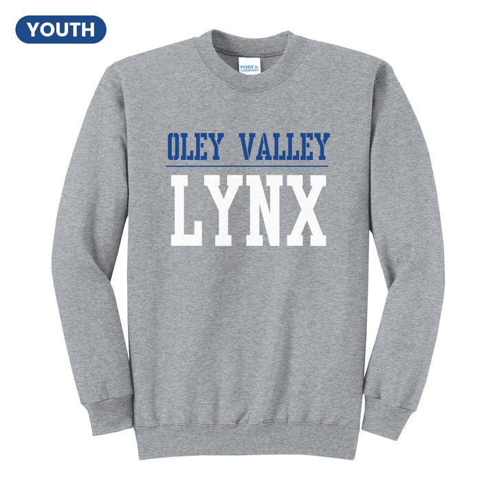 Oley Valley Lynx Split Block youth crewneck sweatshirt in Athletic Heather: OLEY VALLEY over a thin rule and big LYNX block letters