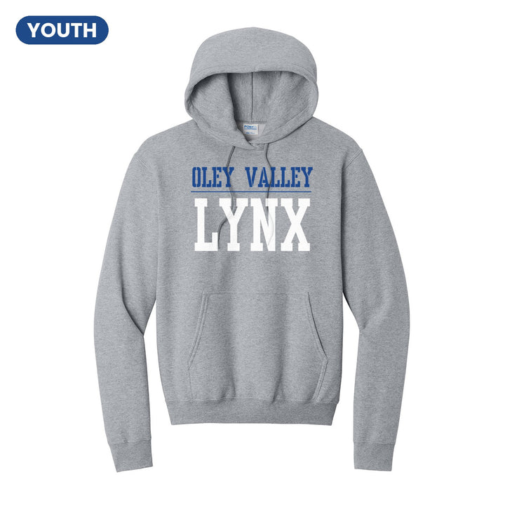 Oley Valley Lynx Split Block youth hoodie in Athletic Heather: OLEY VALLEY over a thin rule and big LYNX block letters