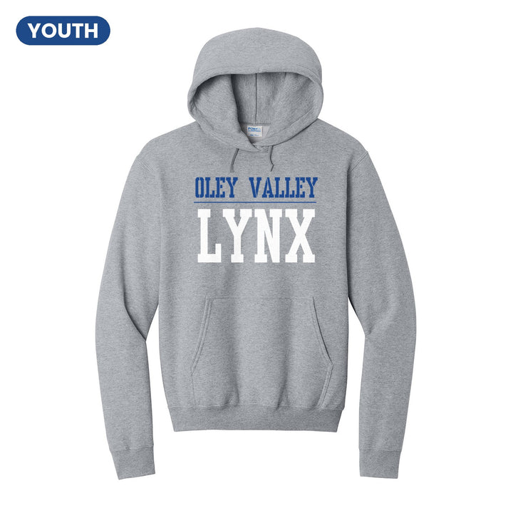 Oley Valley Lynx Split Block youth hoodie in Athletic Heather: OLEY VALLEY over a thin rule and big LYNX block letters