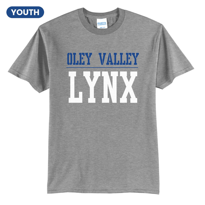 Oley Valley Lynx Split Block youth t-shirt in Athletic Heather: OLEY VALLEY over a thin rule and big LYNX block letters