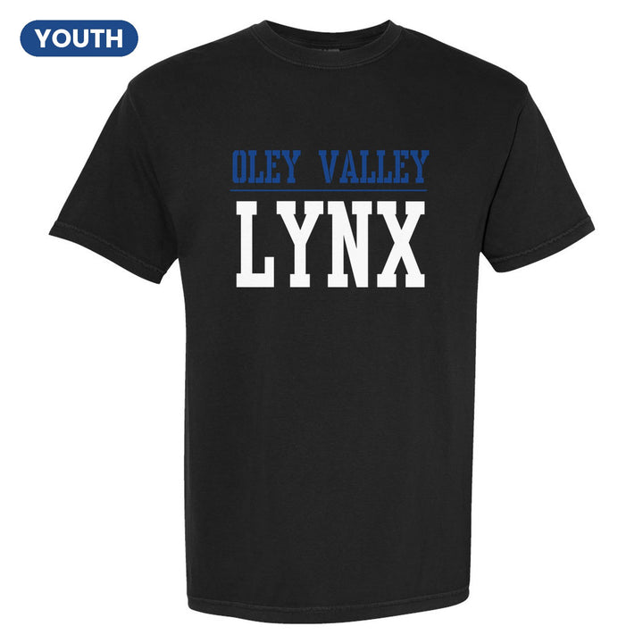 Oley Valley Lynx Split Block youth comfort colors t-shirt in Black: OLEY VALLEY over a thin rule and big LYNX block letters