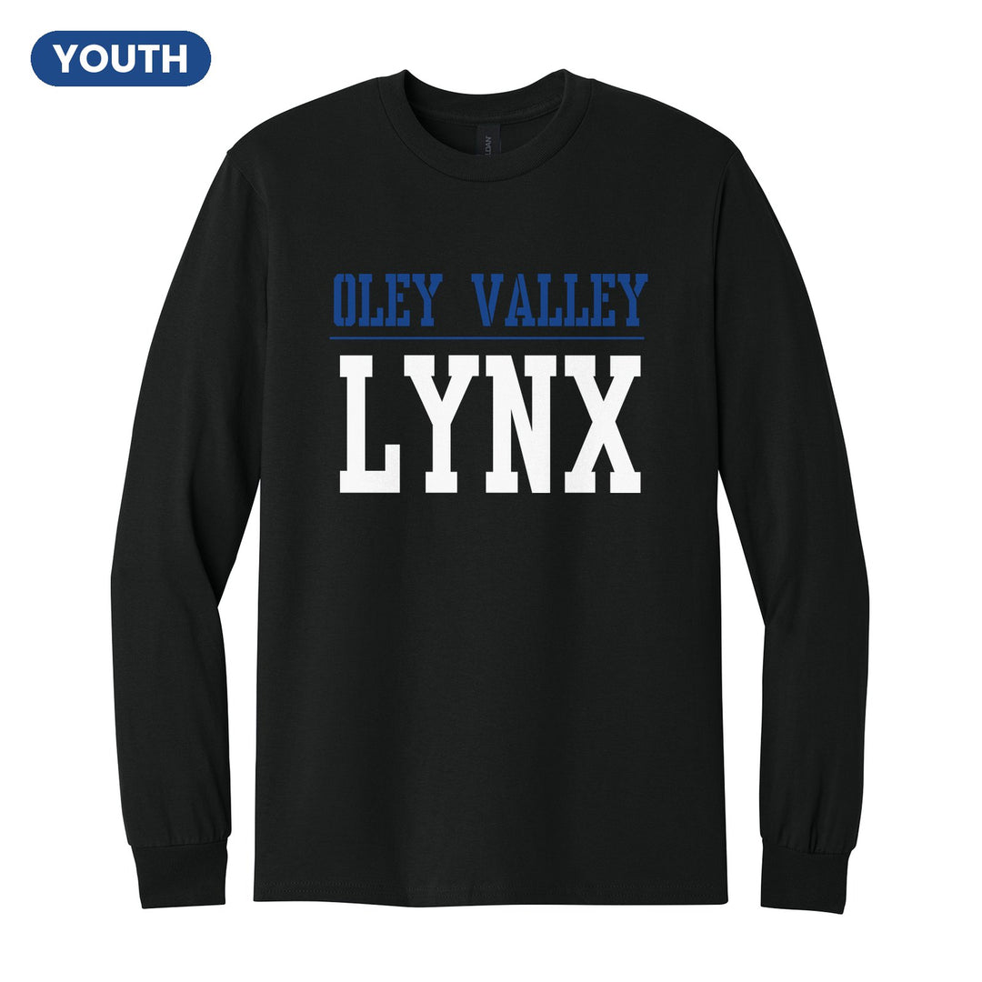 Oley Valley Lynx Split Block youth long sleeve t-shirt in Black: OLEY VALLEY over a thin rule and big LYNX block letters